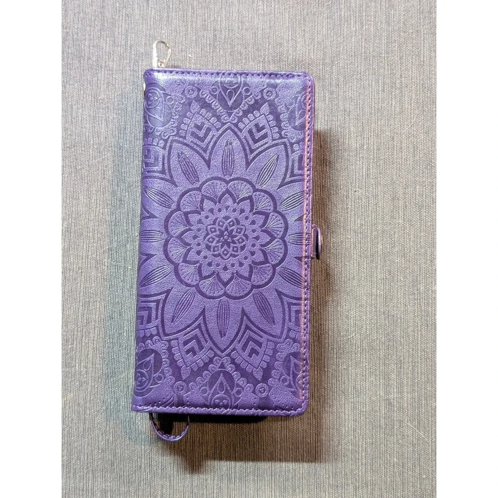 Pixel 3 Purple Embossed Mandala Wallet Magnetic Phone Case Wristlet Card Holder